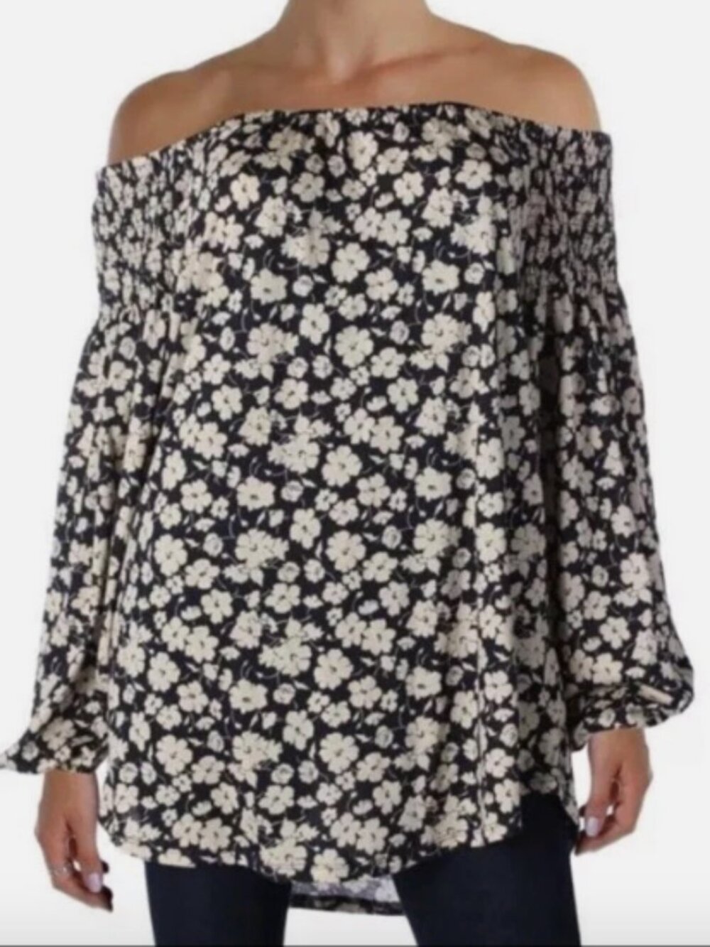 Ralph Lauren Cream Navy Smocked Floral Top XL